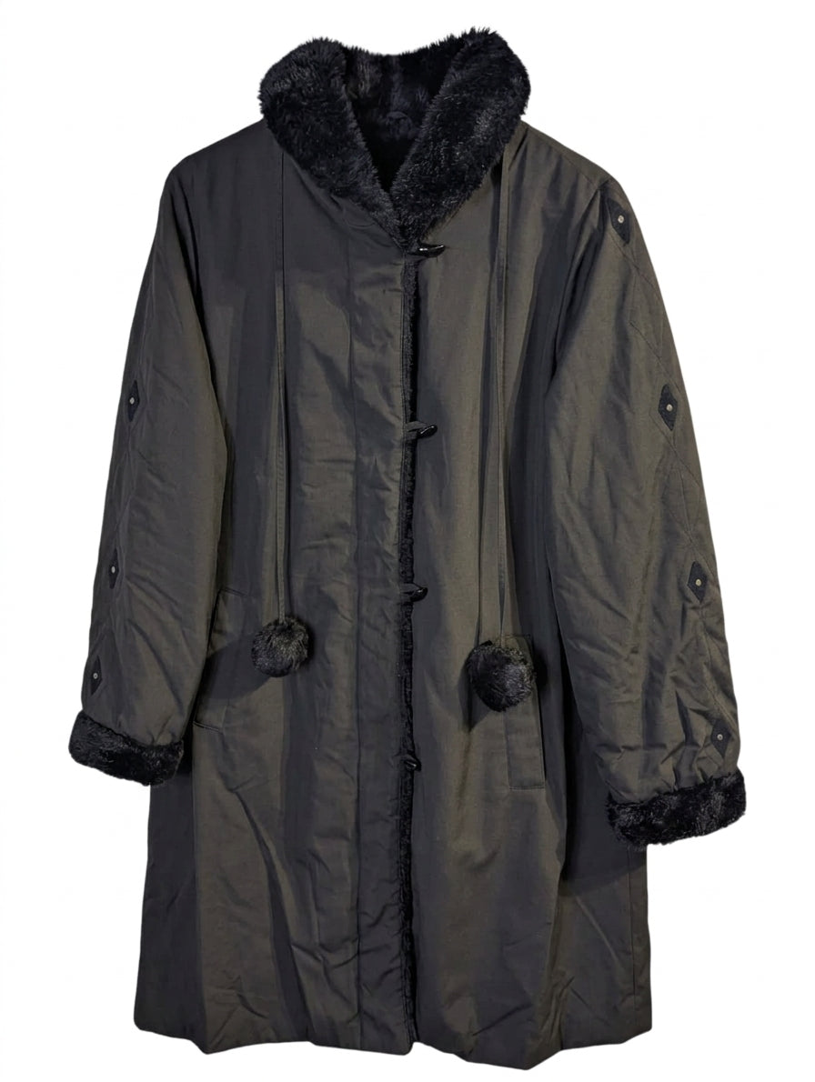 Vintage Quilted Faux Fur Trimmed Coat with Pom-Poms - Black - Image 1