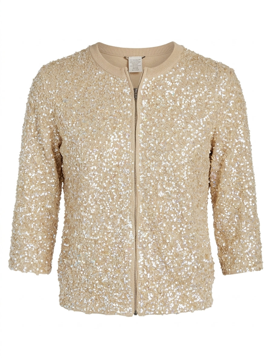Collette Dinnigan Sequin Zip-Front Cardigan - Champagne Gold Size S - Image 1