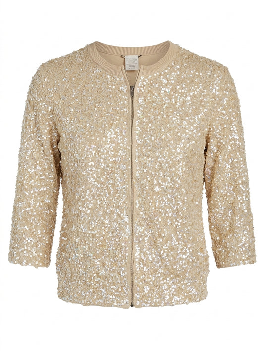 Collette Dinnigan Sequin Zip-Front Cardigan - Champagne Gold Size S - Image 1