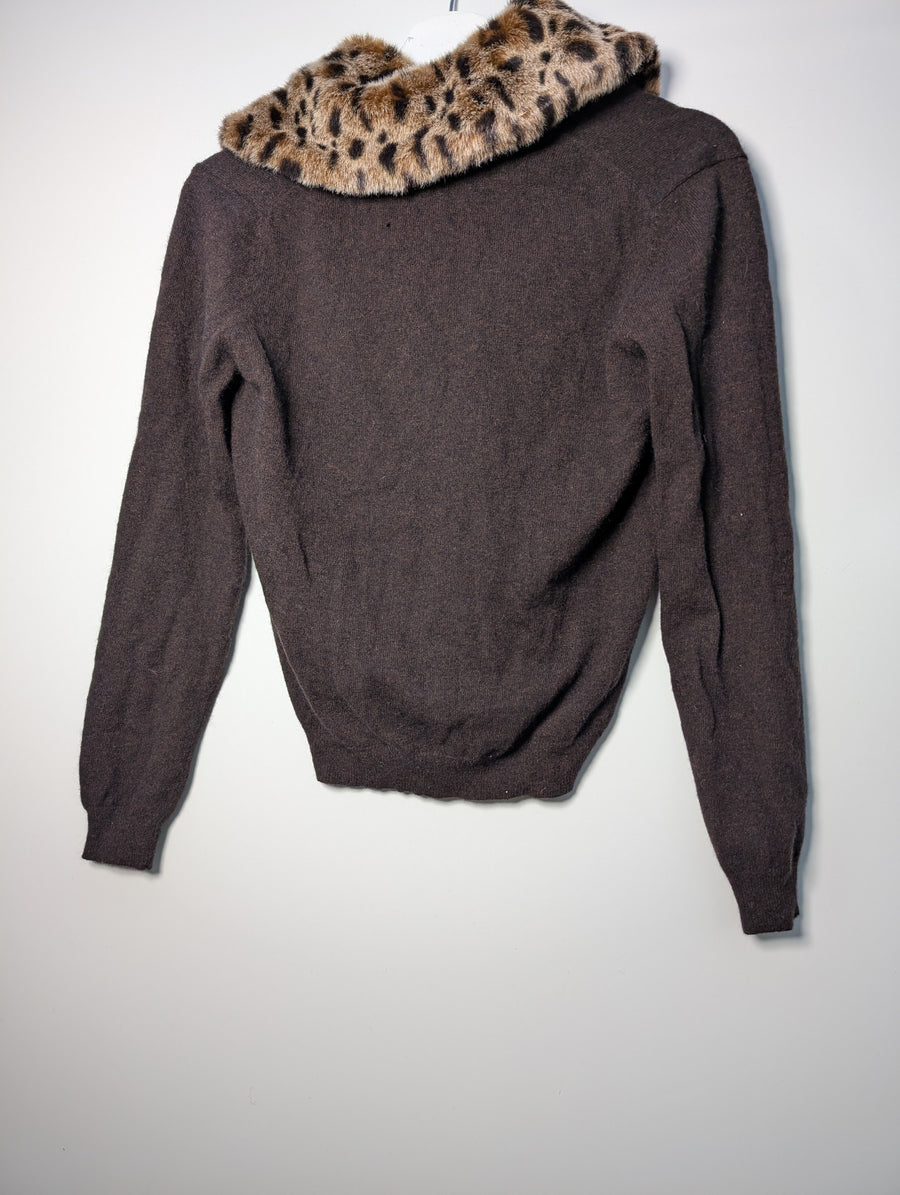 East Knit Cardigan Brown Leopard Print Faux Fur Collar Women's Size S - Image 4