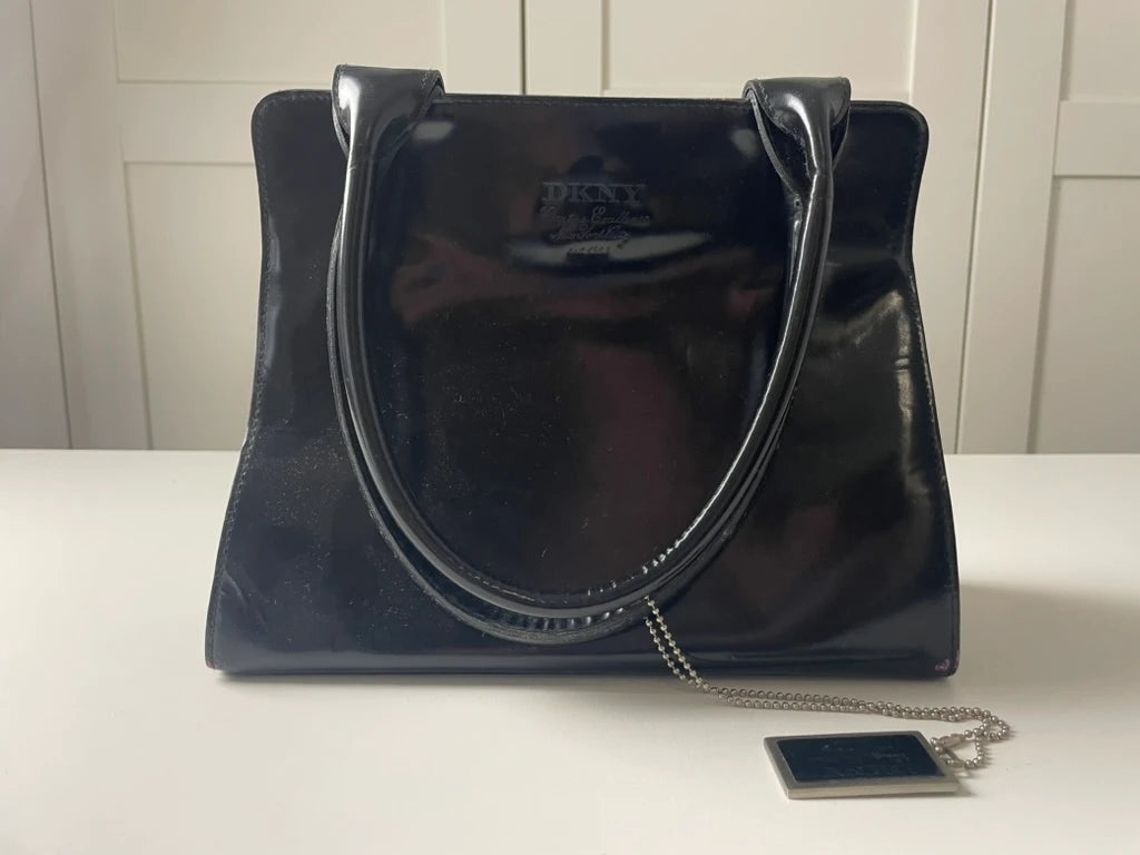 DKNY Black Patent Leather Structured Trapezoid Handbag - Image 4