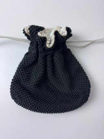 Vintage Reversible Beaded Drawstring Pouch Bag Black and White - Image 1