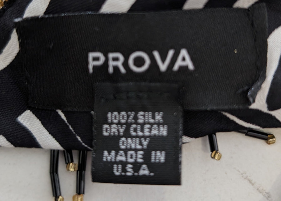 PROVA Silk Scarf Black & White Abstract Print with Beaded Fringe - Image 3