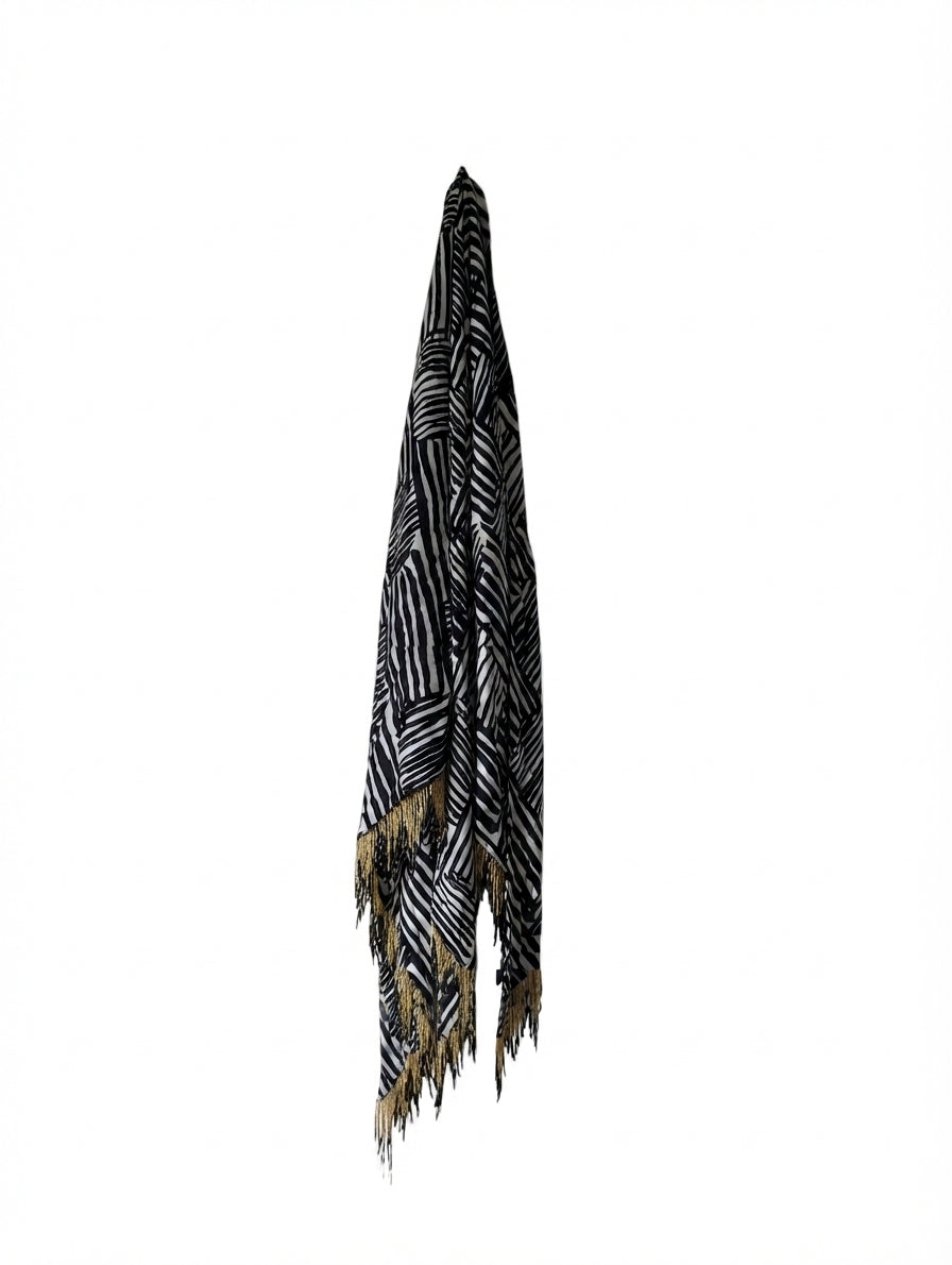 PROVA Silk Scarf Black & White Abstract Print with Beaded Fringe - Image 1