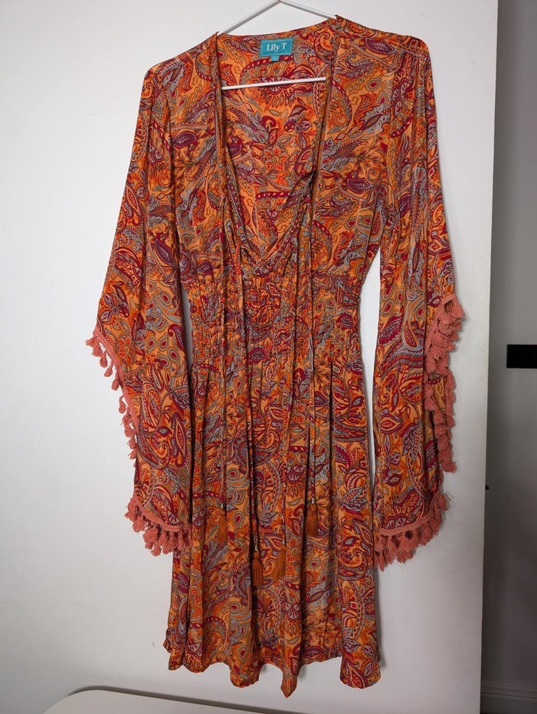 Lily T Boho Mini Dress - Paisley Print with Tassel Sleeves - Image 4