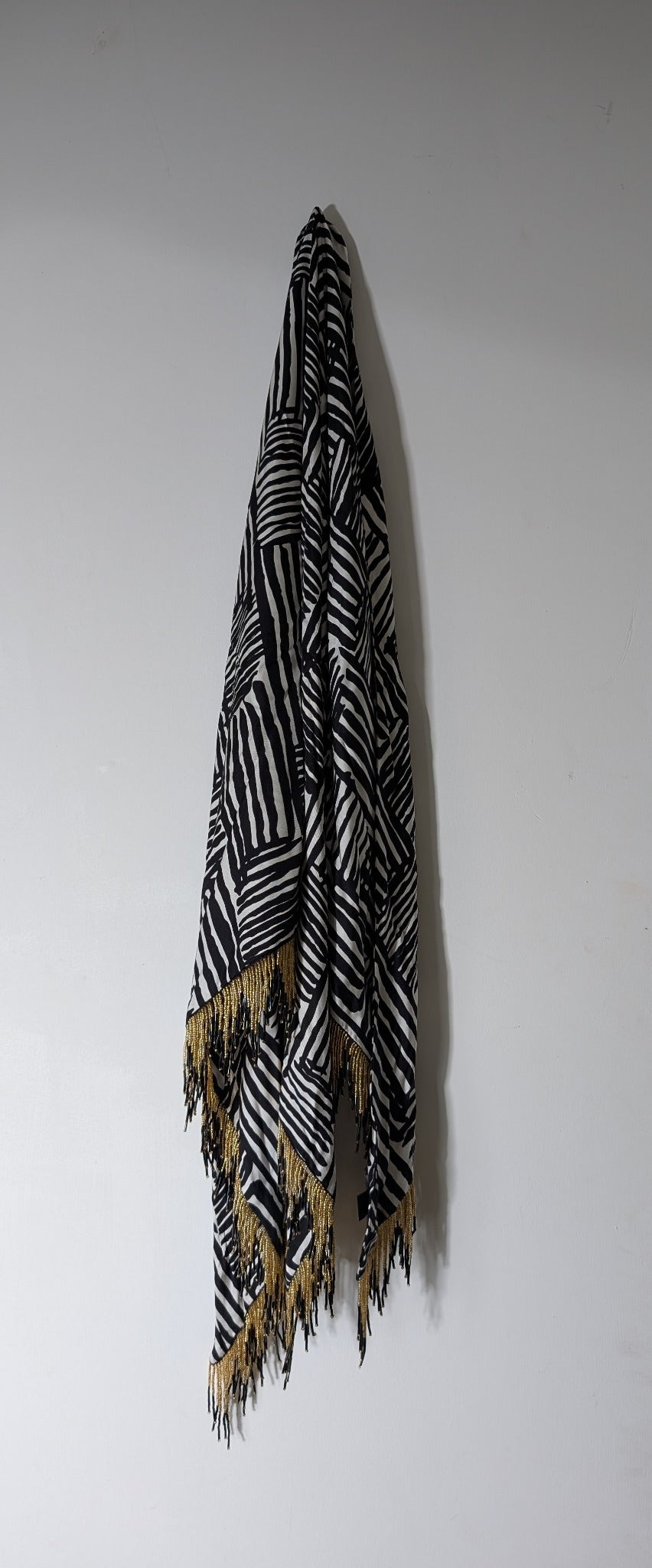 PROVA Silk Scarf Black & White Abstract Print with Beaded Fringe - Image 4