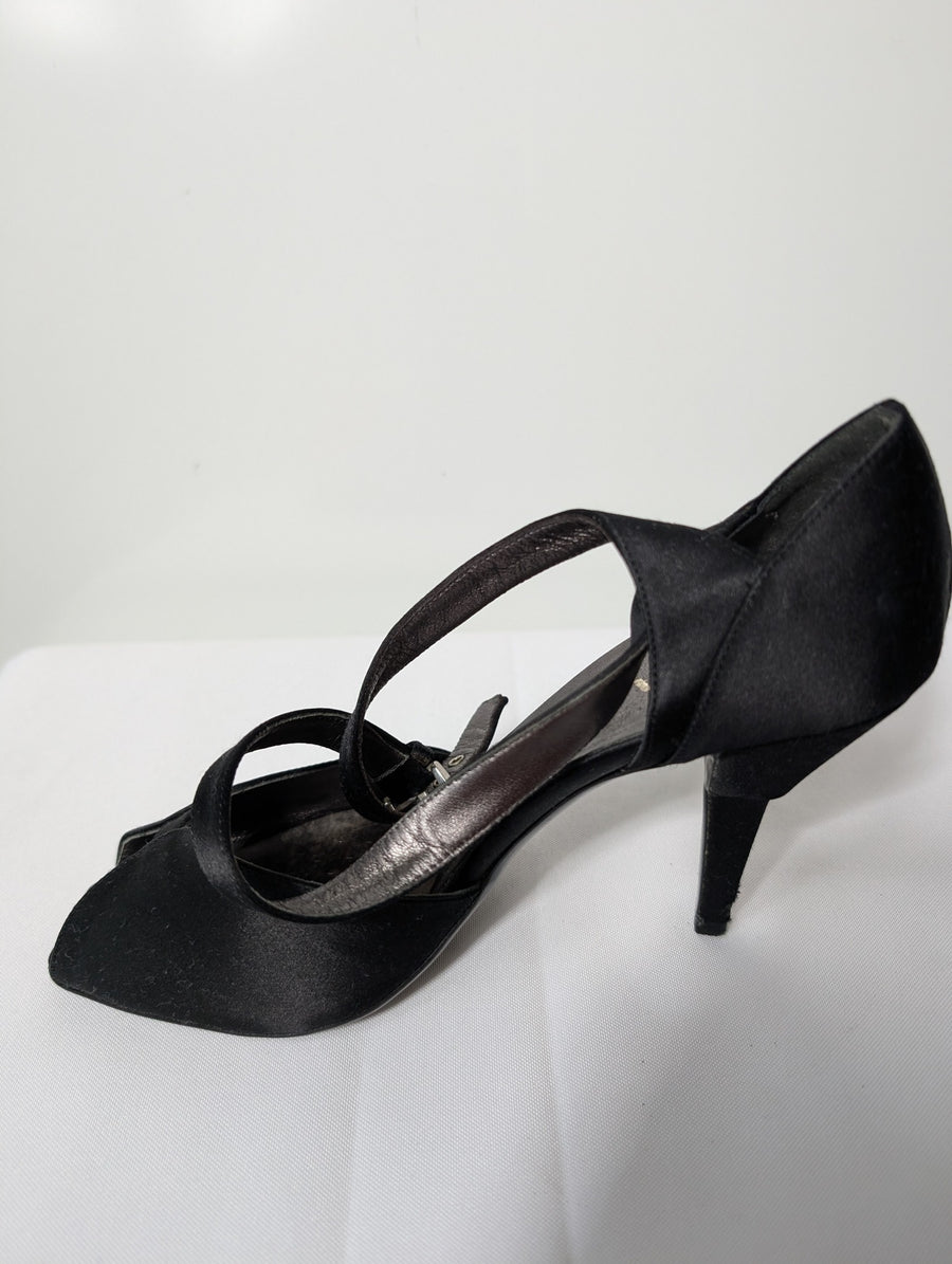 Prada Black Satin Criss-Cross Peep Toe Heels EU 38 - Image 5
