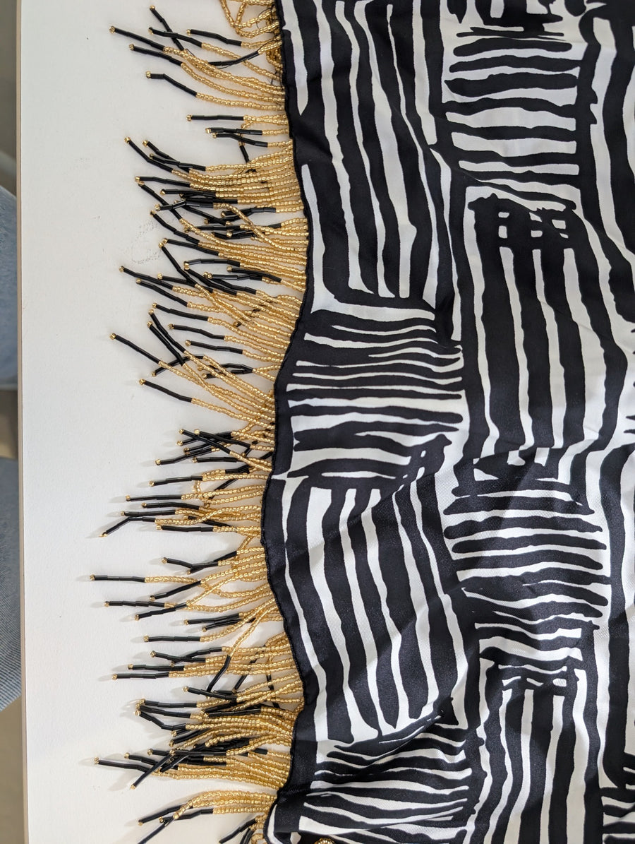 PROVA Silk Scarf Black & White Abstract Print with Beaded Fringe - Image 5