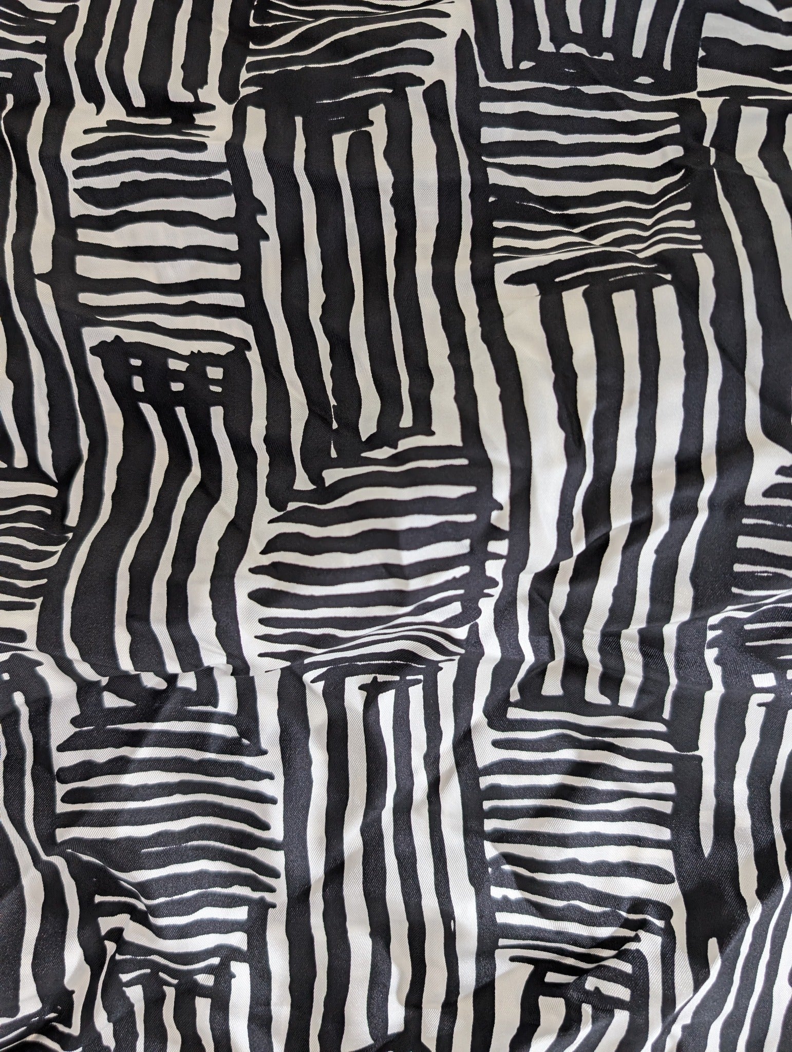 PROVA Silk Scarf Black & White Abstract Print with Beaded Fringe - Image 6
