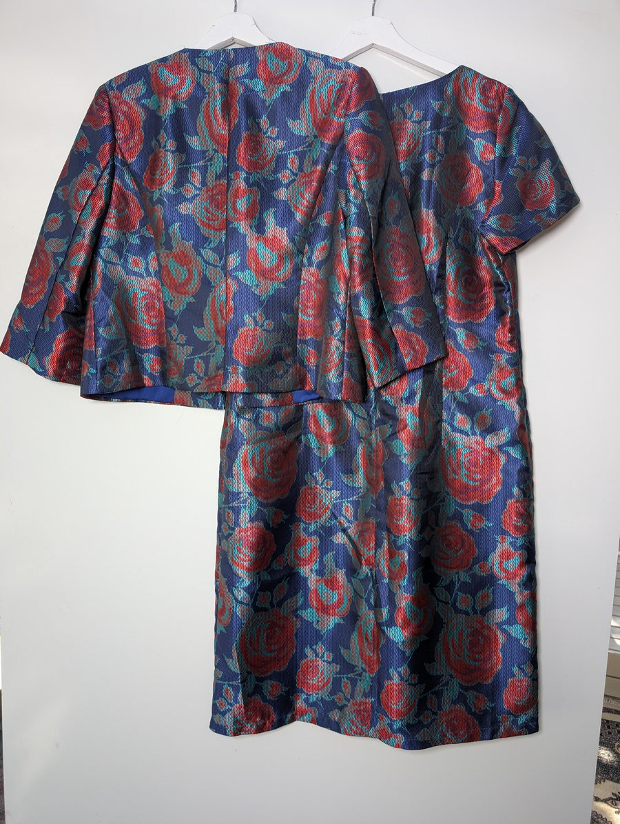 SARISSA Floral Jacquard Shift Dress and Jacket Set Blue Red XL - Image 5