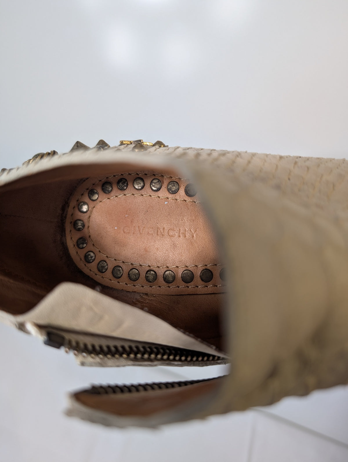 Givenchy Studded Peep-Toe Ankle Boots Beige Leather - Image 7