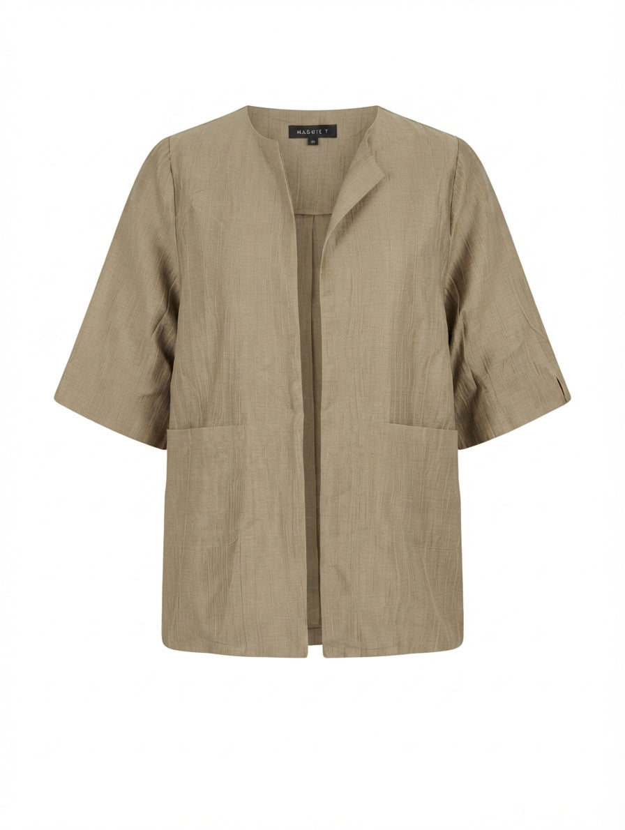 MAGGIE T Open Front Textured Jacket Beige Size 14 - Image 1