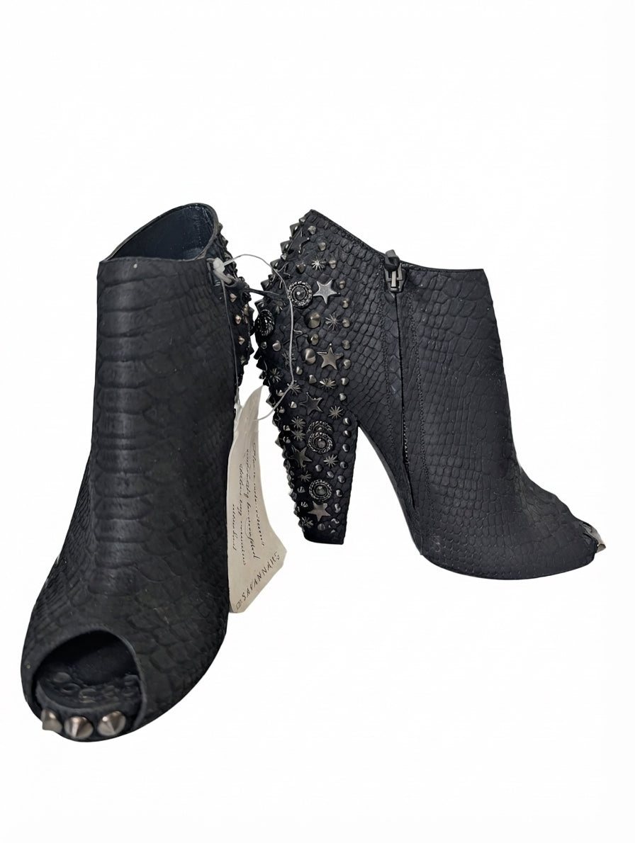 Givenchy Snakeskin Embossed Studded Peep Toe Ankle Boots Black