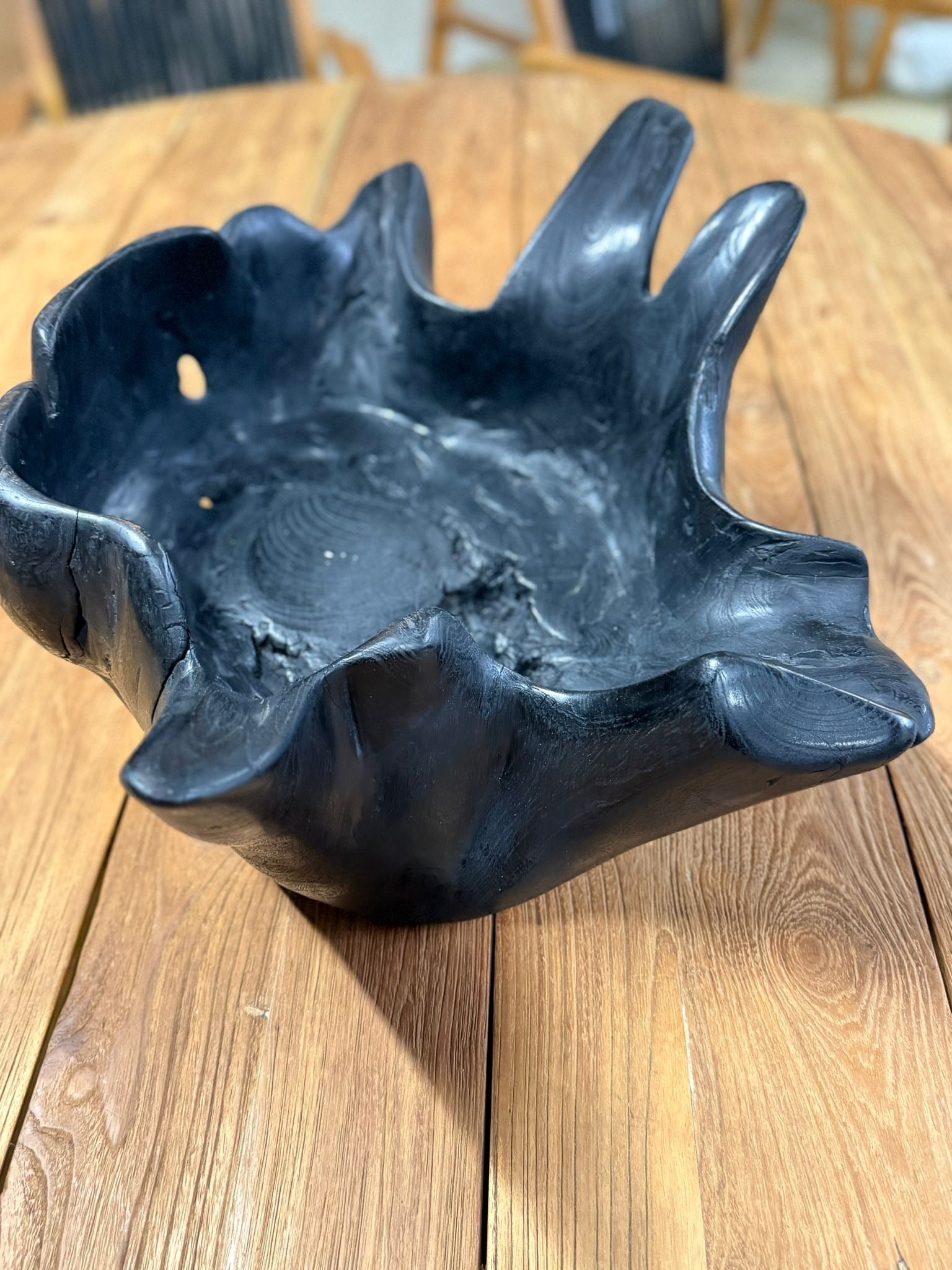 Hand-Carved Teak Root Bowl Black Stained Sculptural Piece - Image 5