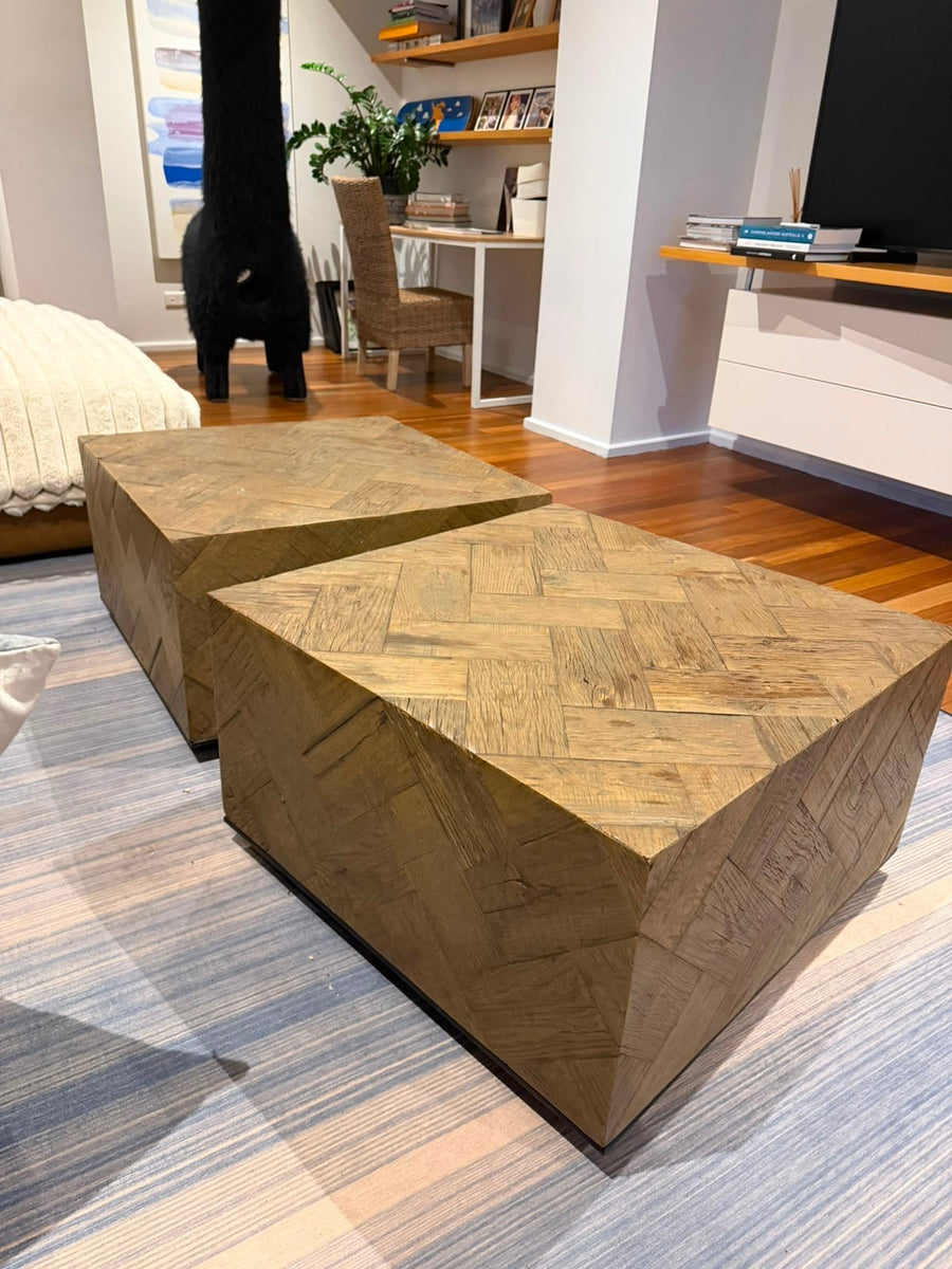Coco Republic Solid Wood Herringbone Parquet Coffee Table Set - Pair Brown - Image 5