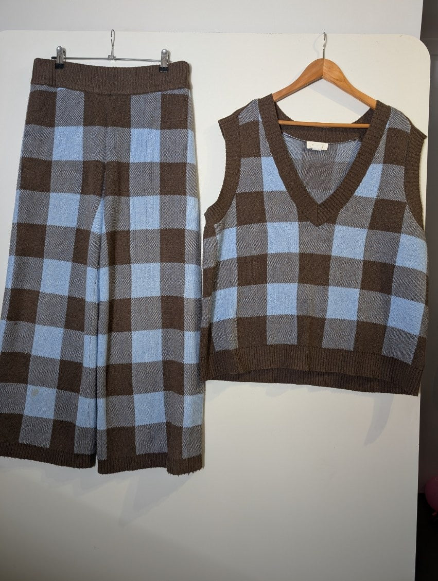 Brown and Blue Checkered V-Neck Sweater Vest - Image 2