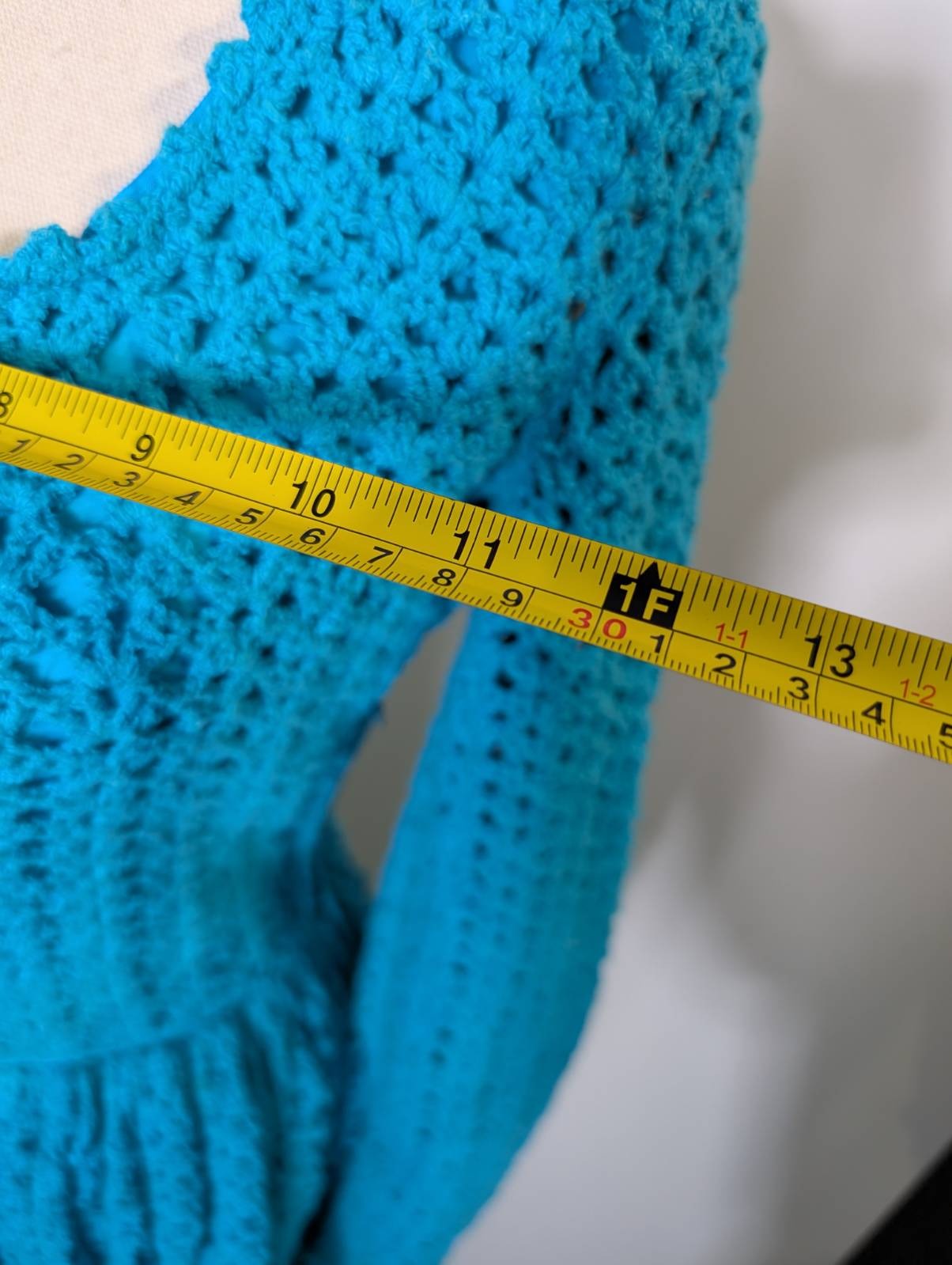 Vintage Handmade Crochet Maxi Dress - Vibrant Blue Long Sleeve - Image 5