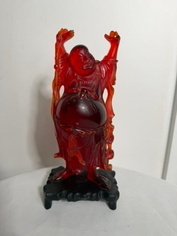 Vintage Chinese Red Resin Laughing Buddha Figurine with Stand - Image 1