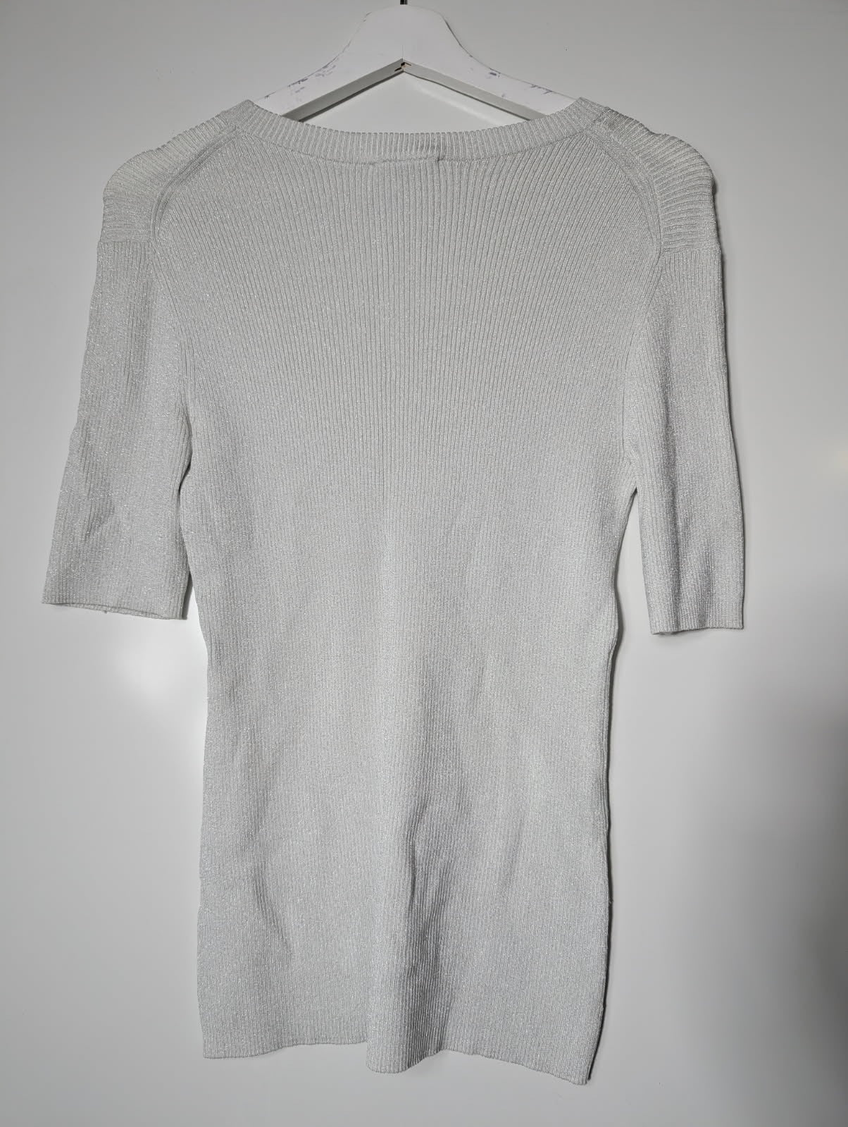 Witchery Silver Metallic Ribbed Knit Short Sleeve Top Size S - Image 5