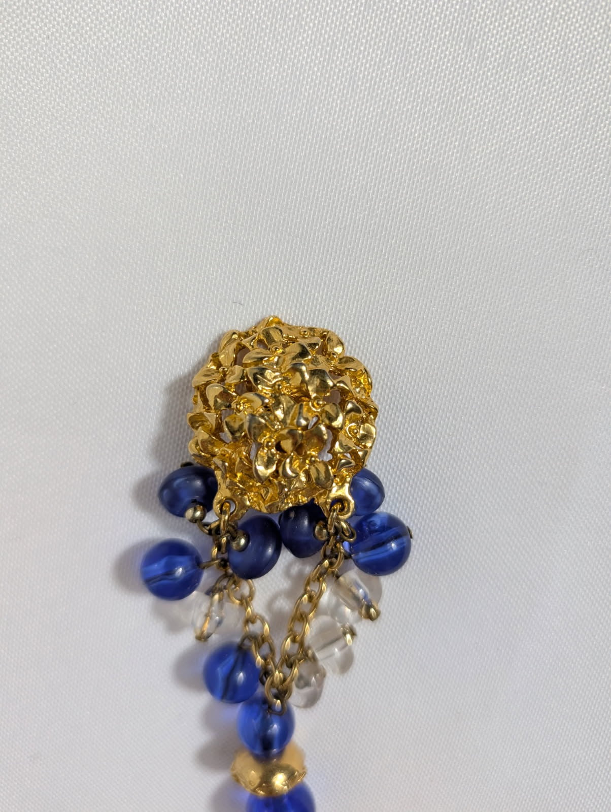 Vintage Gold-Tone Textured Clip-On Earrings With Blue And Clear Bead Dangles - Image 5