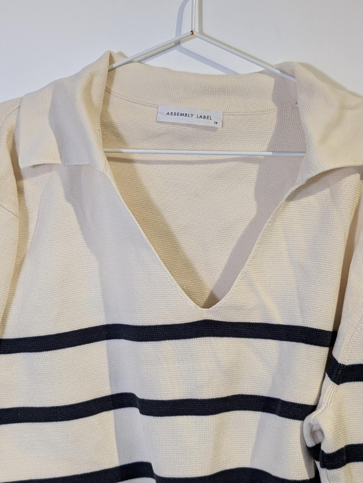 Assembly Label Striped Boat Neck Sweater - Cream & Navy Cotton - Image 5