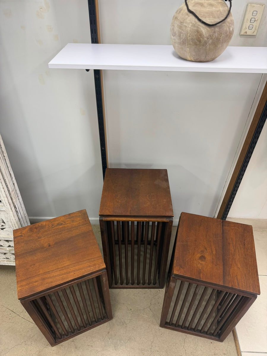 Wooden Slat Pedestal Stands Set of Three MCM Style Display Plinths Brown - Image 5