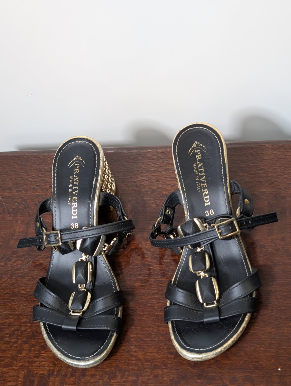 Prativerdi Leather Block Heel Sandals Black Gold EU 38 - Image 3
