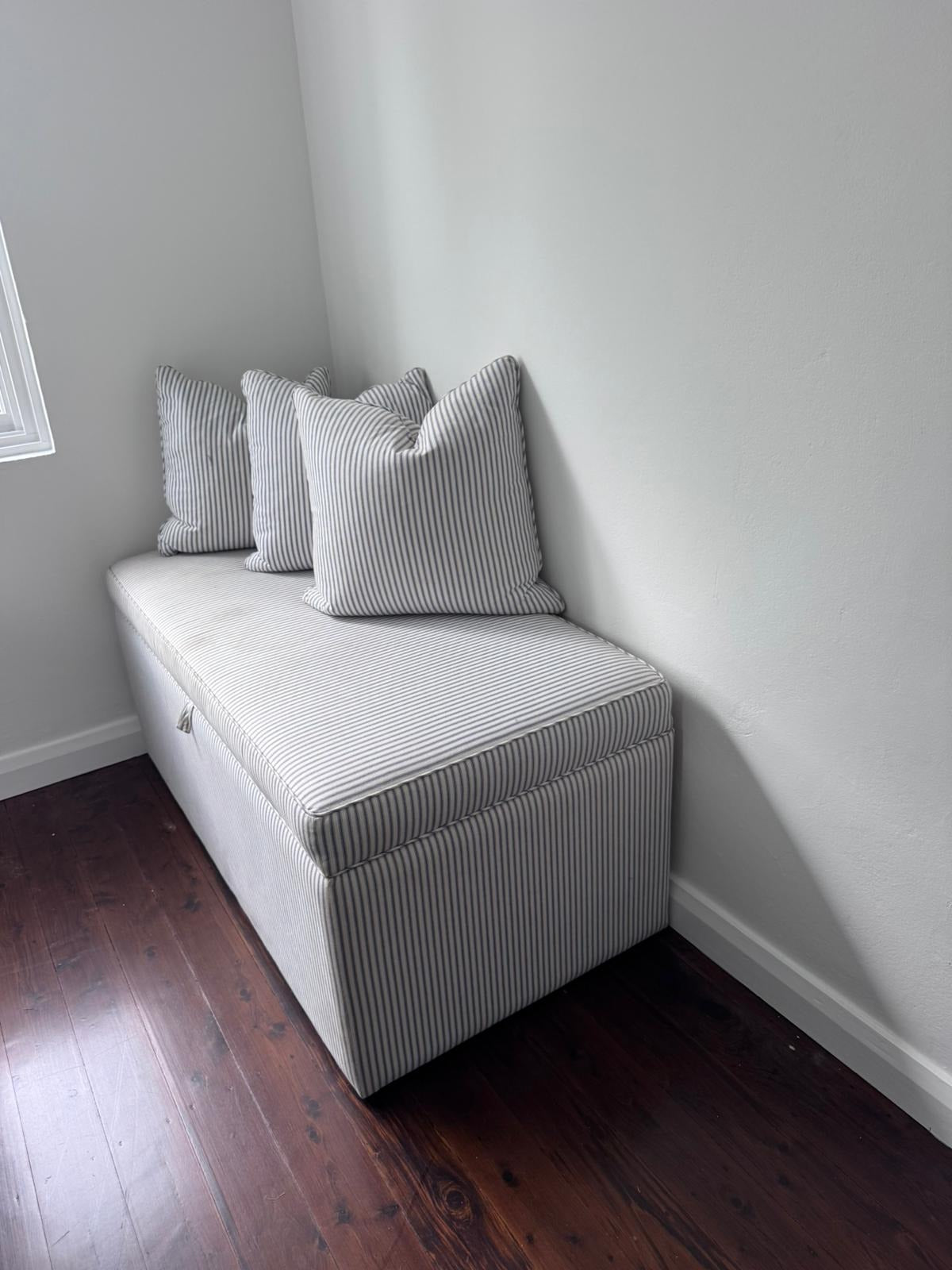 Custom Upholstered Storage Ottoman Bench - Blue & White Stripe - Image 6