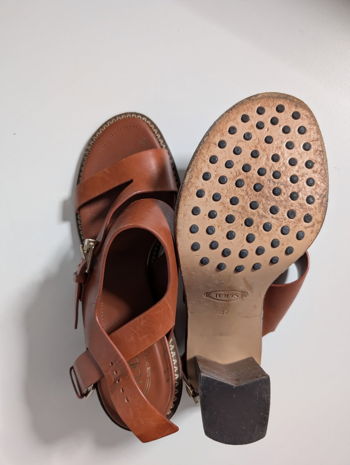 Tod's Leather Block Heel Sandals - Elegant Italian Crafted Tan Brown - Image 5