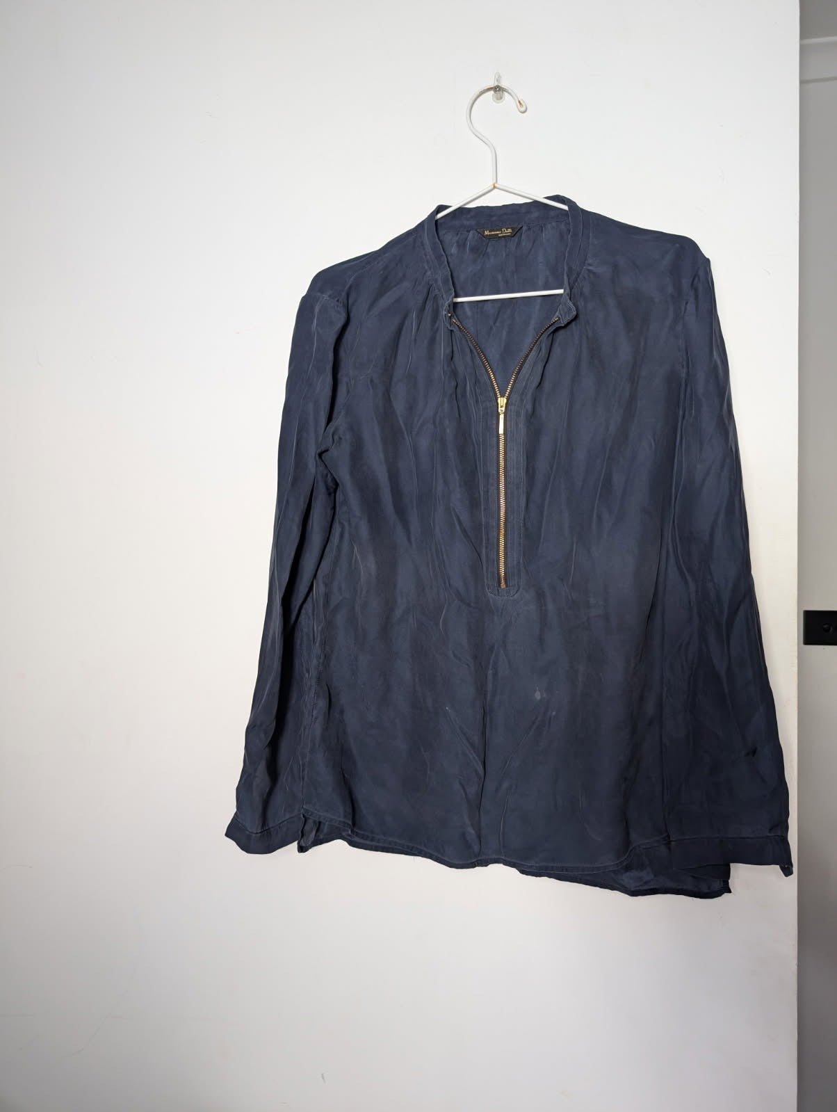 Massimo Dutti 100% Silk Zip-Front Blouse - Navy Blue - Image 1