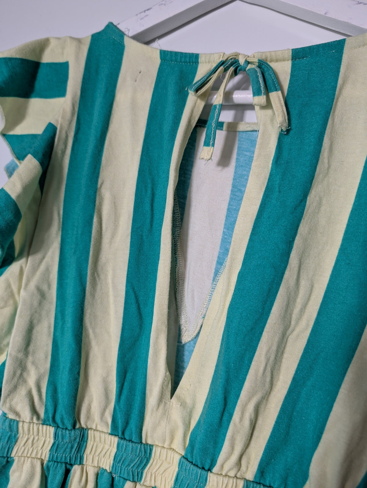 FEATHER/DRUM Striped Ruffle Sleeve Romper Teal & Cream Size 10 - Image 5