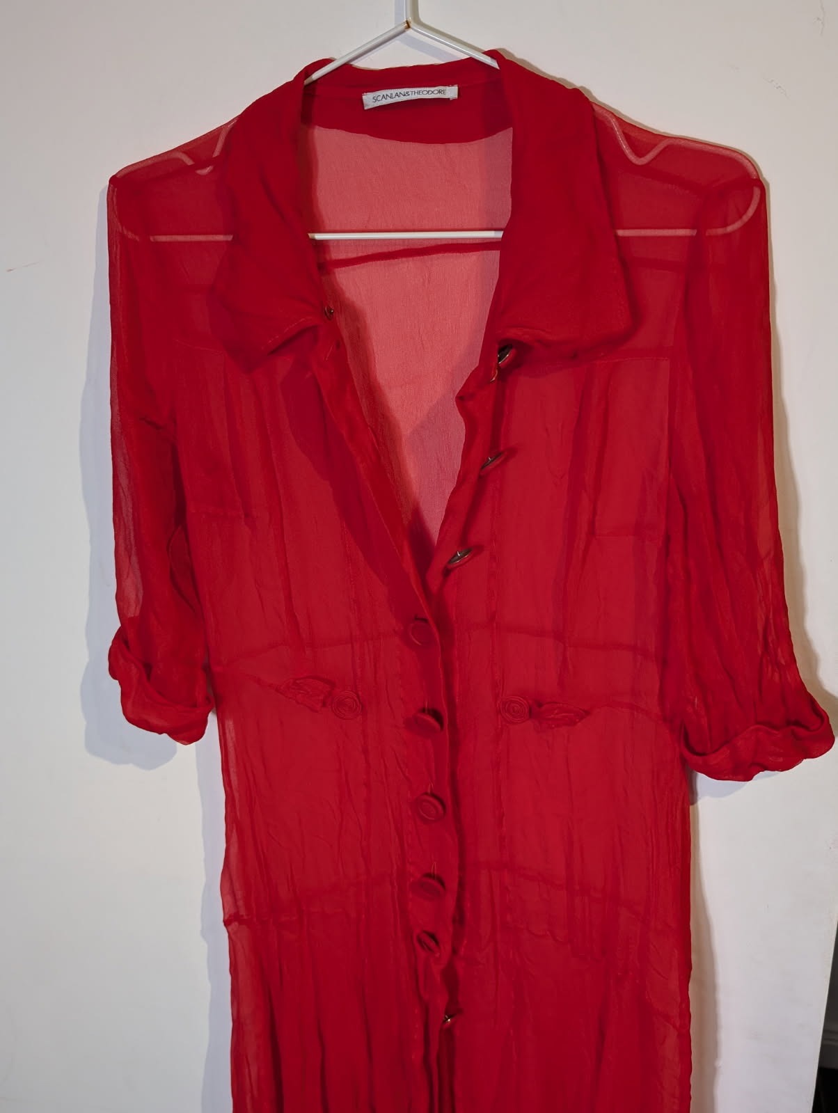 Scanlan & Theodore Red Silk Sheer Button-Down Dress - Image 5