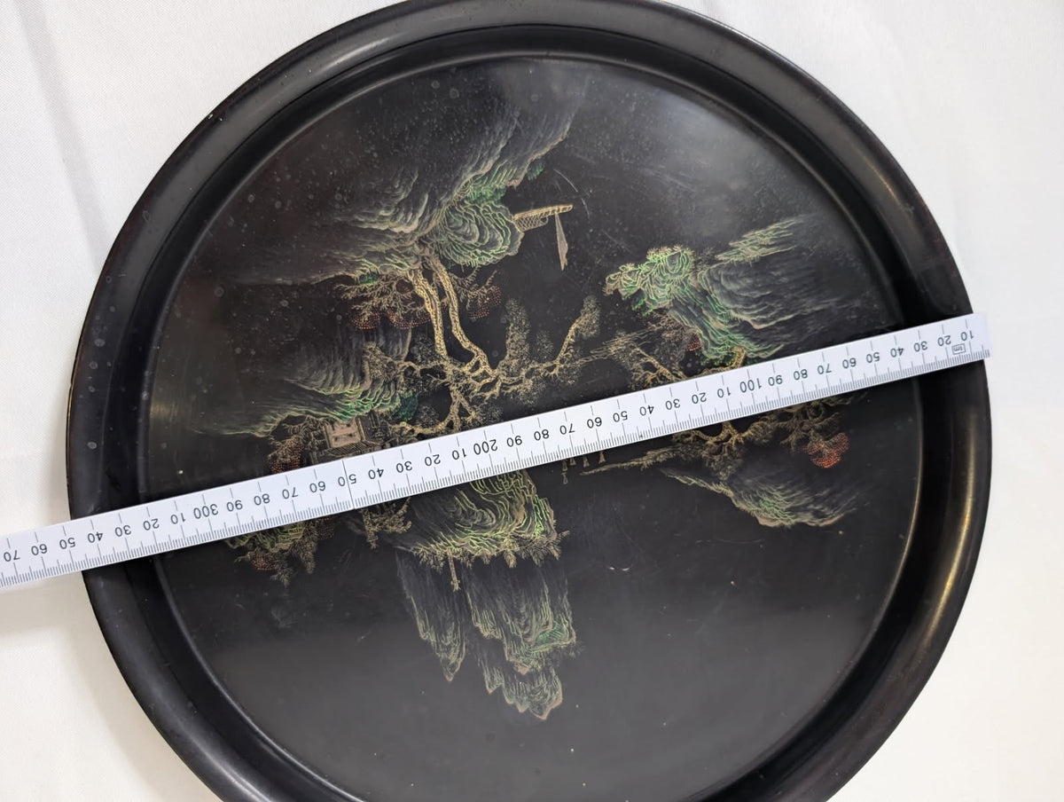 Vintage Asian Serving Tray Black Lacquerware Hand-Painted Landscape - Image 3