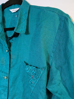 Grey Linen Short Sleeve Button-Up Shirt Teal Embroidered Pocket - Image 6