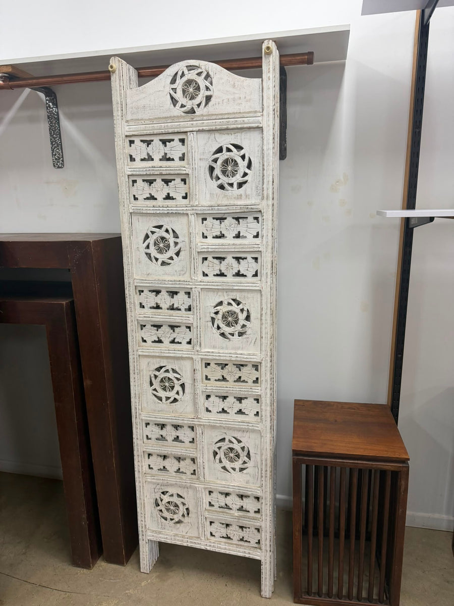 Unbranded 3-Panel Room Divider Distressed White Carved Wood - Image 5