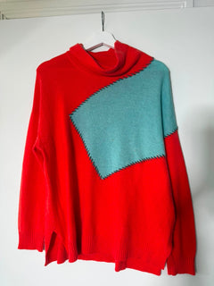 Zaket & Plover Colorblock Turtleneck Sweater Red and Teal Size M - Image 1