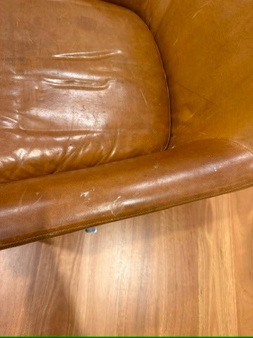 West Elm Mid-Century Show Wood Swivel Chairs Tan Leather Pair - Image 5