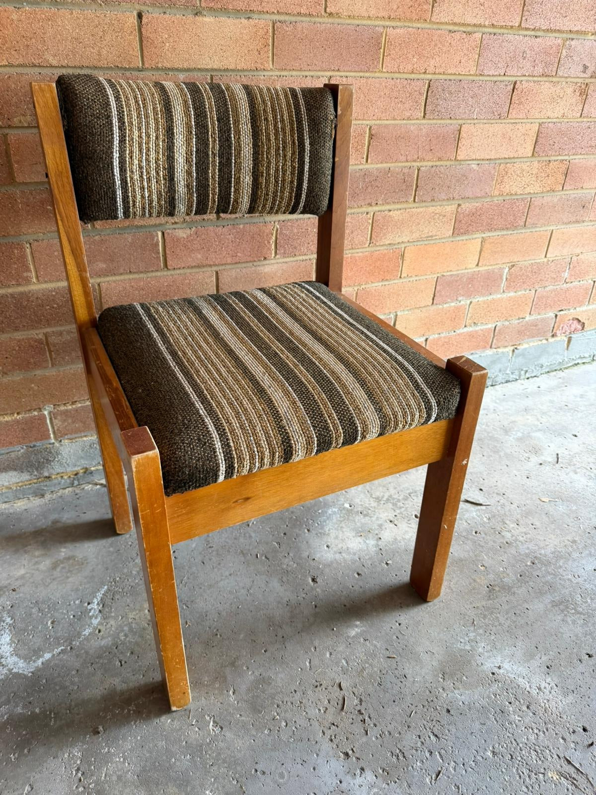 Vintage 70s Wooden Accent Chair Retro Striped Upholstery - Image 5