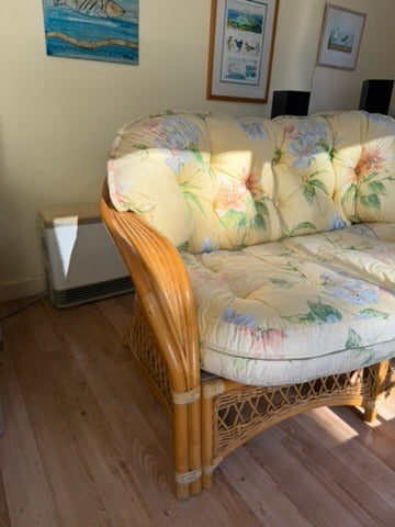 Vintage Rattan Wicker Loveseat Floral Cushions - Image 5