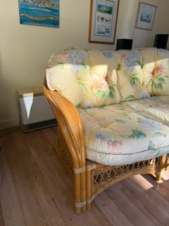 Vintage Rattan Wicker Loveseat Floral Cushions - Image 5