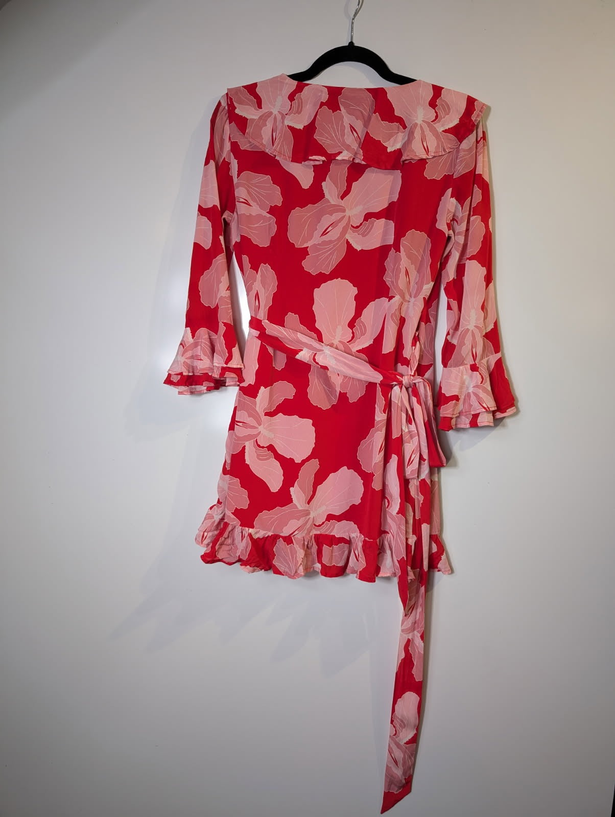 Hansen & Gretel Floral Ruffle Wrap Dress Red/Pink Silk Size S - Image 5