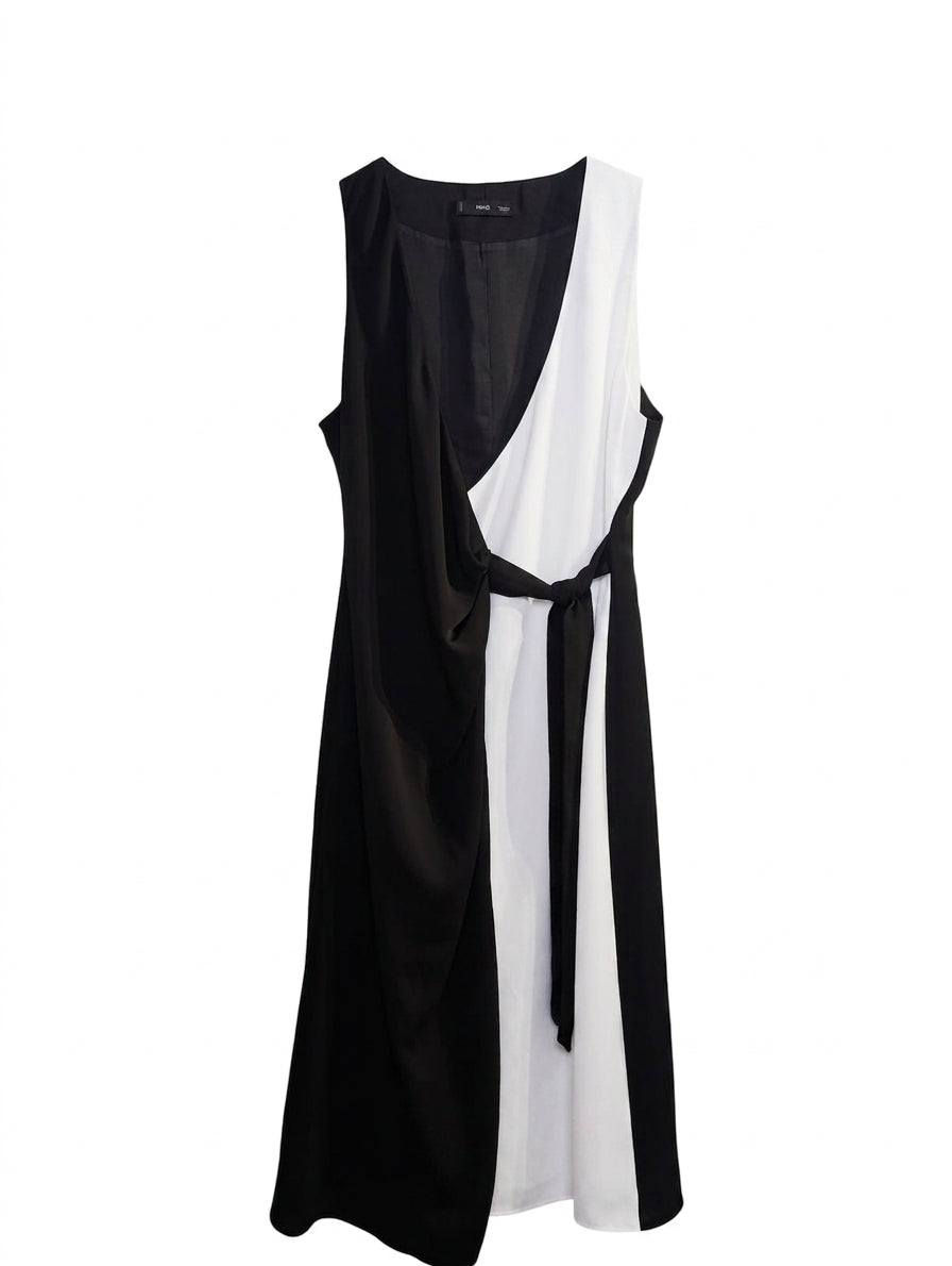 Mango MNG Black and White Colorblock Wrap Dress - Size L - Image 1