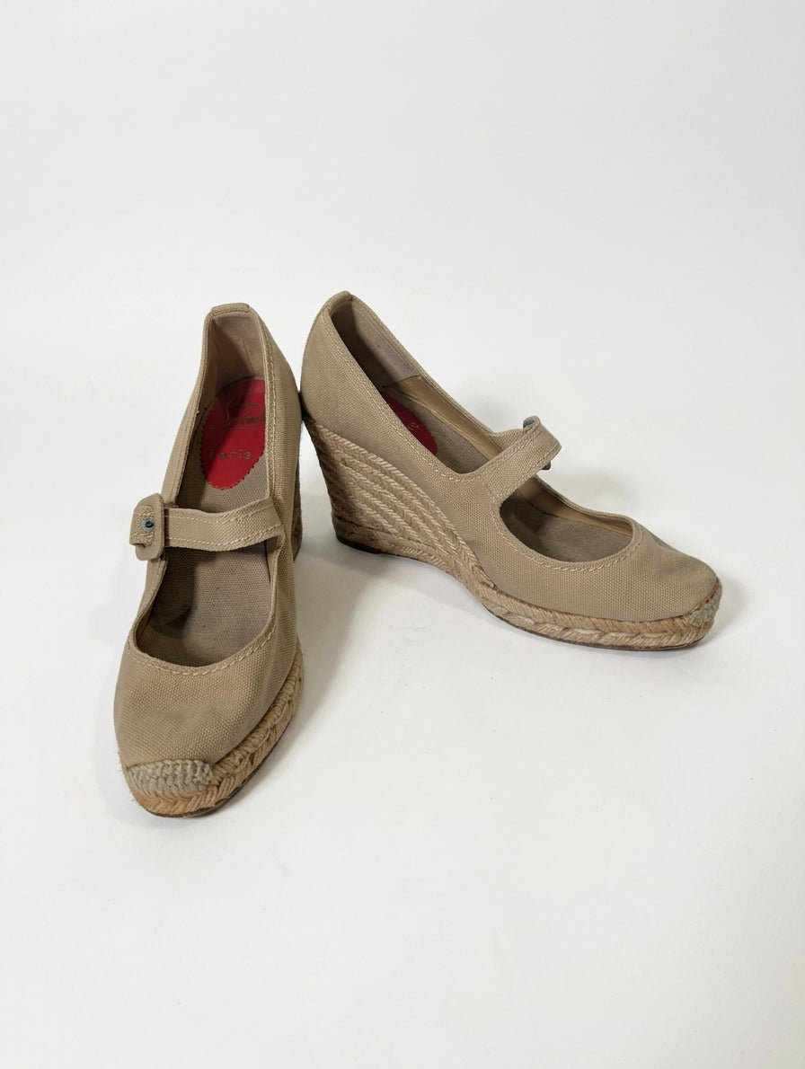 Christian Louboutin Beige Canvas Mary Jane Espadrille Wedges - Image 1