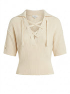 Oroton Ribbed Knit Lace-Up Polo Top Cream Women's Size S - Image 1