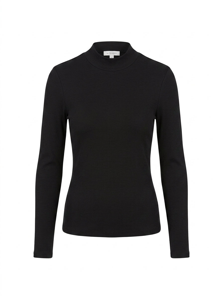 Witchery Ribbed Mock Neck Long Sleeve Top - Black Size M - Image 1