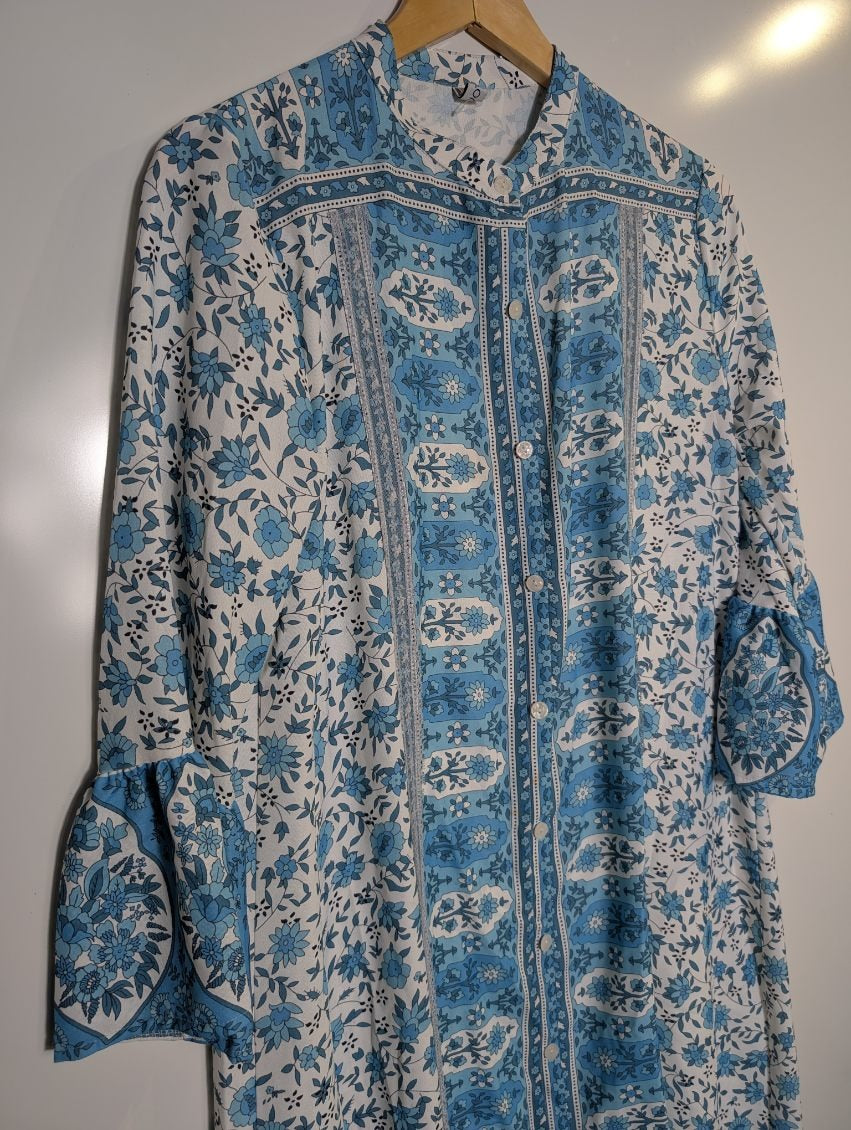 Misslook Blue & White Floral Button-Down Midi Dress With Bell Sleeves - Image 5
