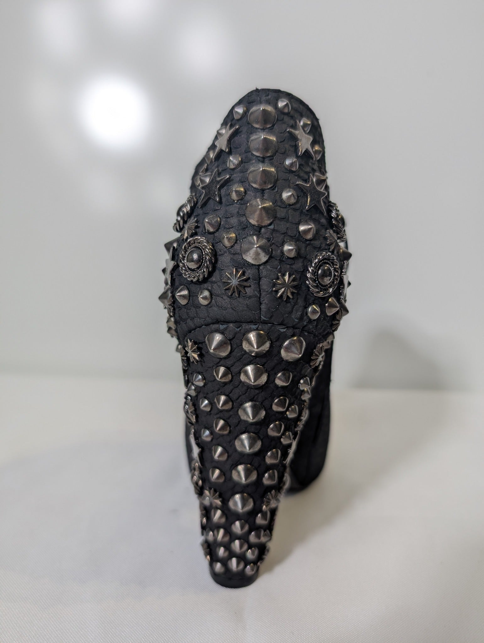 Givenchy Snakeskin Embossed Studded Peep Toe Ankle Boots Black - Image 3
