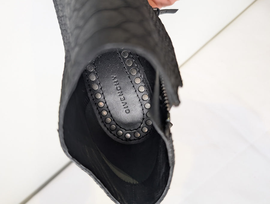 Givenchy Snakeskin Embossed Studded Peep Toe Ankle Boots Black - Image 6