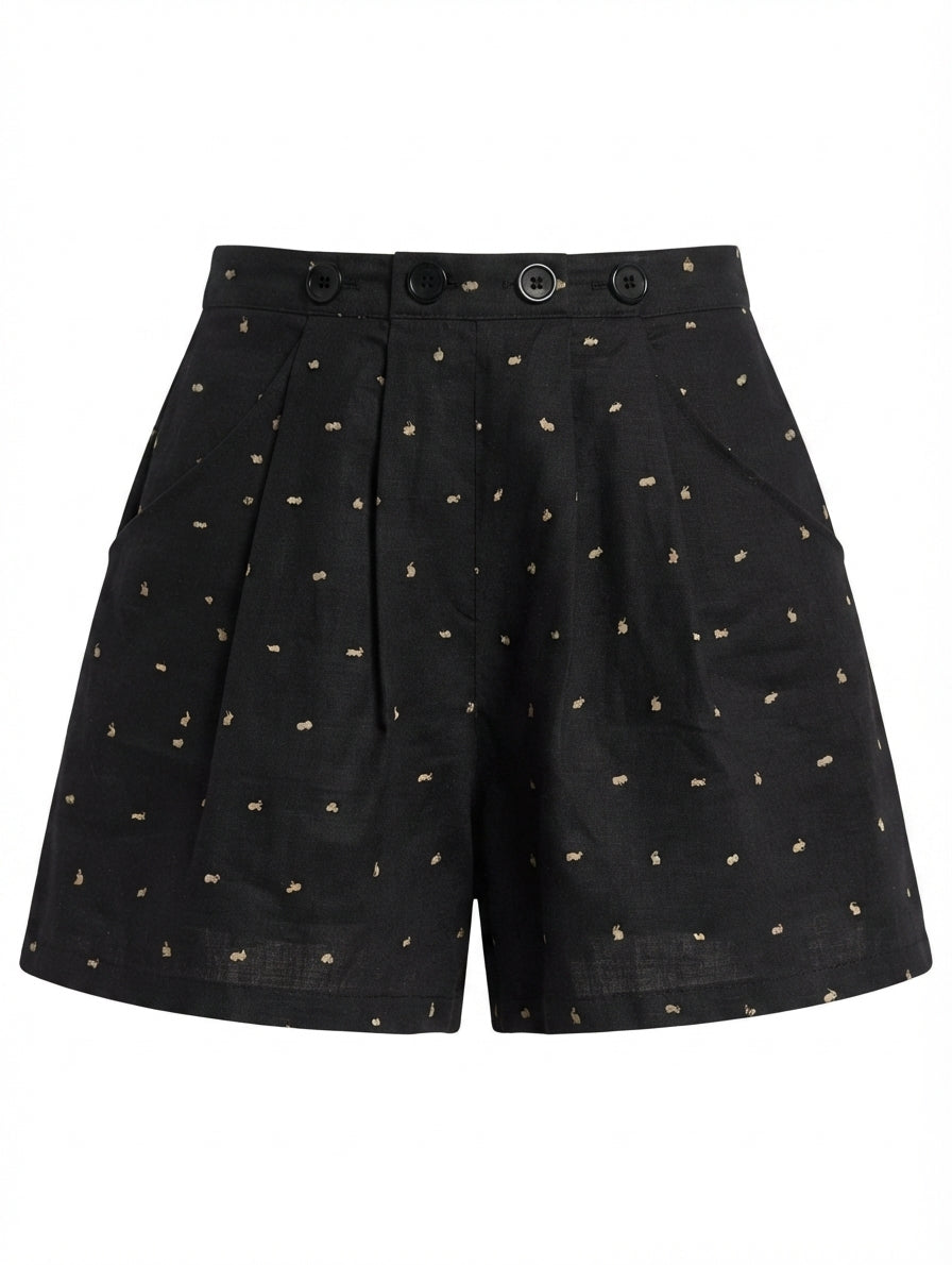 alice McCALL High-Waisted Pleated Shorts Black Rabbit Print AU 8 - Image 1