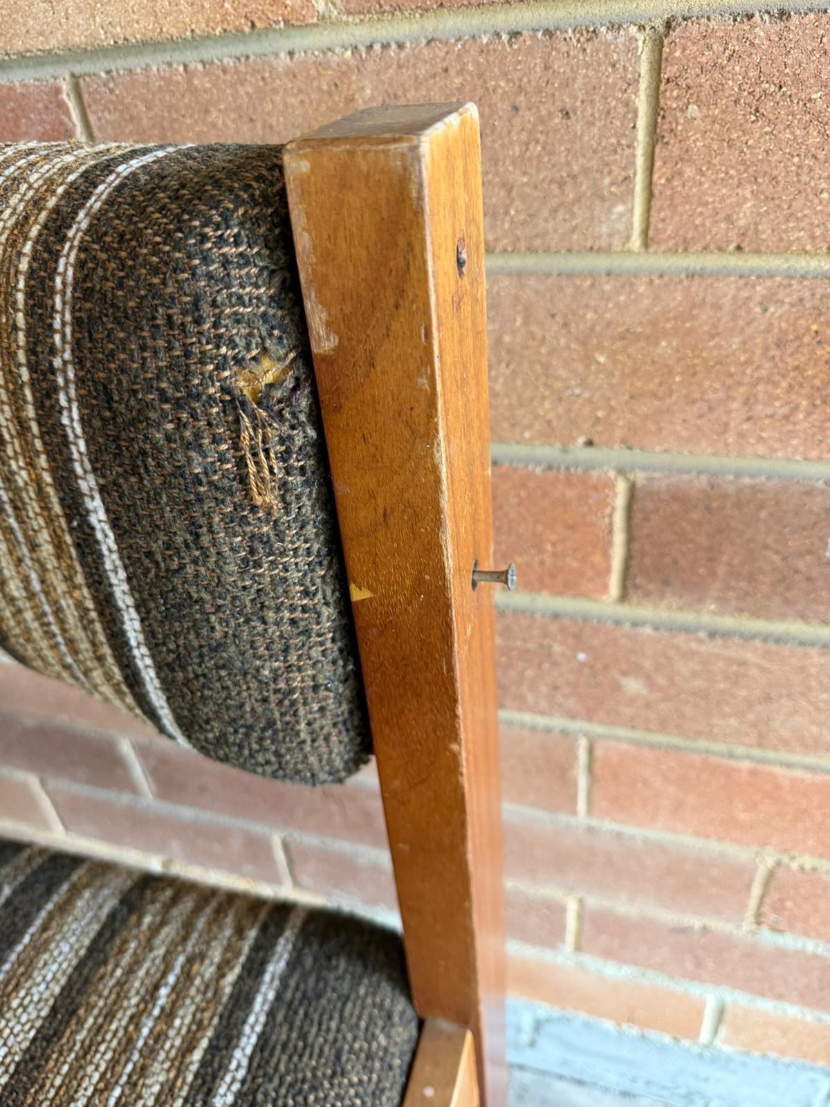 Vintage 70s Wooden Accent Chair Retro Striped Upholstery - Image 6